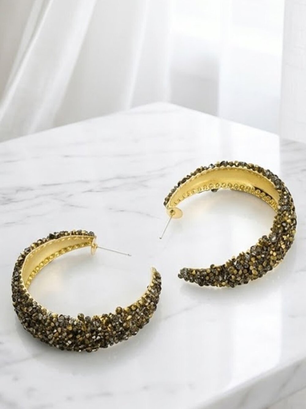 Dark Grey Trendy Sparkle Hoop Earrings